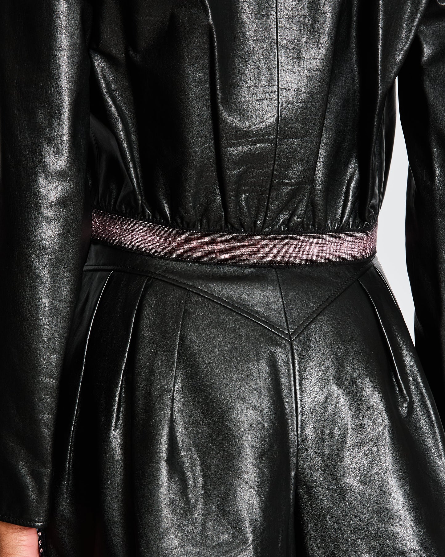 Chanel Black Leather Jacket with Pink CC Logo Buttons and Pink Logo Waistband Size FR 36 (UK 8)