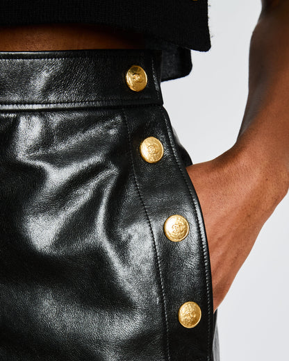 Chanel 21/K Black Leather Wide Shorts with Gold CC Logo Buttons Size FR 38 (UK 10)