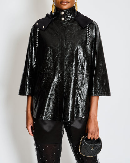 Chanel Fall 2019 By Karl Largerfeld Black Leather Hooded Cape with Embellished Pearl Buttons Size FR 34 (UK 6)