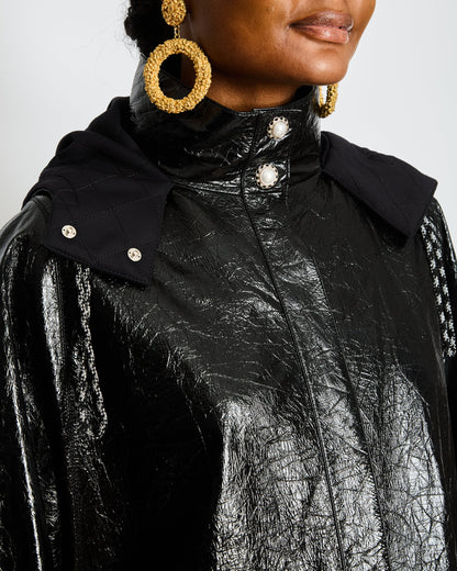 Chanel Fall 2019 By Karl Largerfeld Black Leather Hooded Cape with Embellished Pearl Buttons Size FR 34 (UK 6)