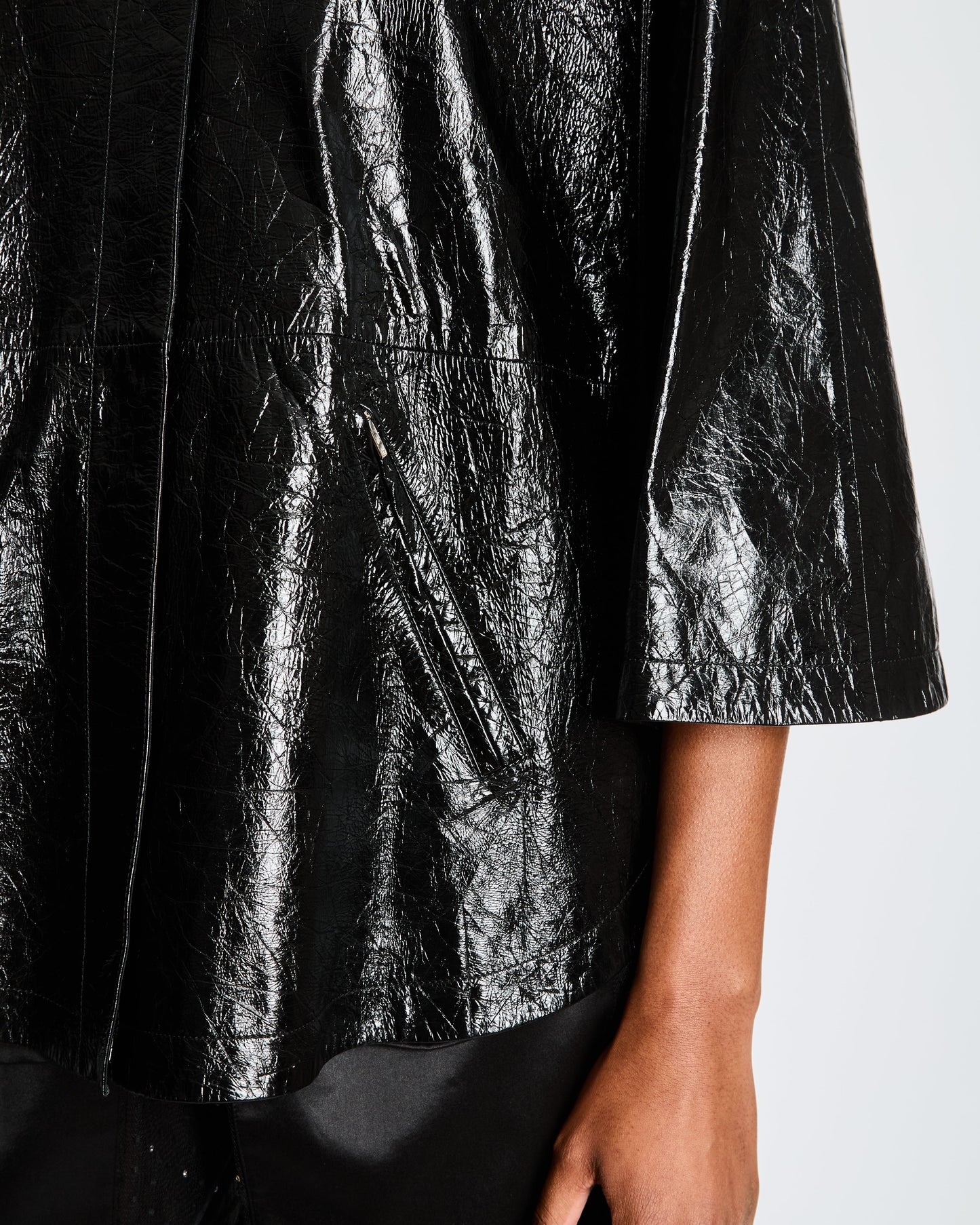 Chanel Fall 2019 By Karl Largerfeld Black Leather Hooded Cape with Embellished Pearl Buttons Size FR 34 (UK 6)
