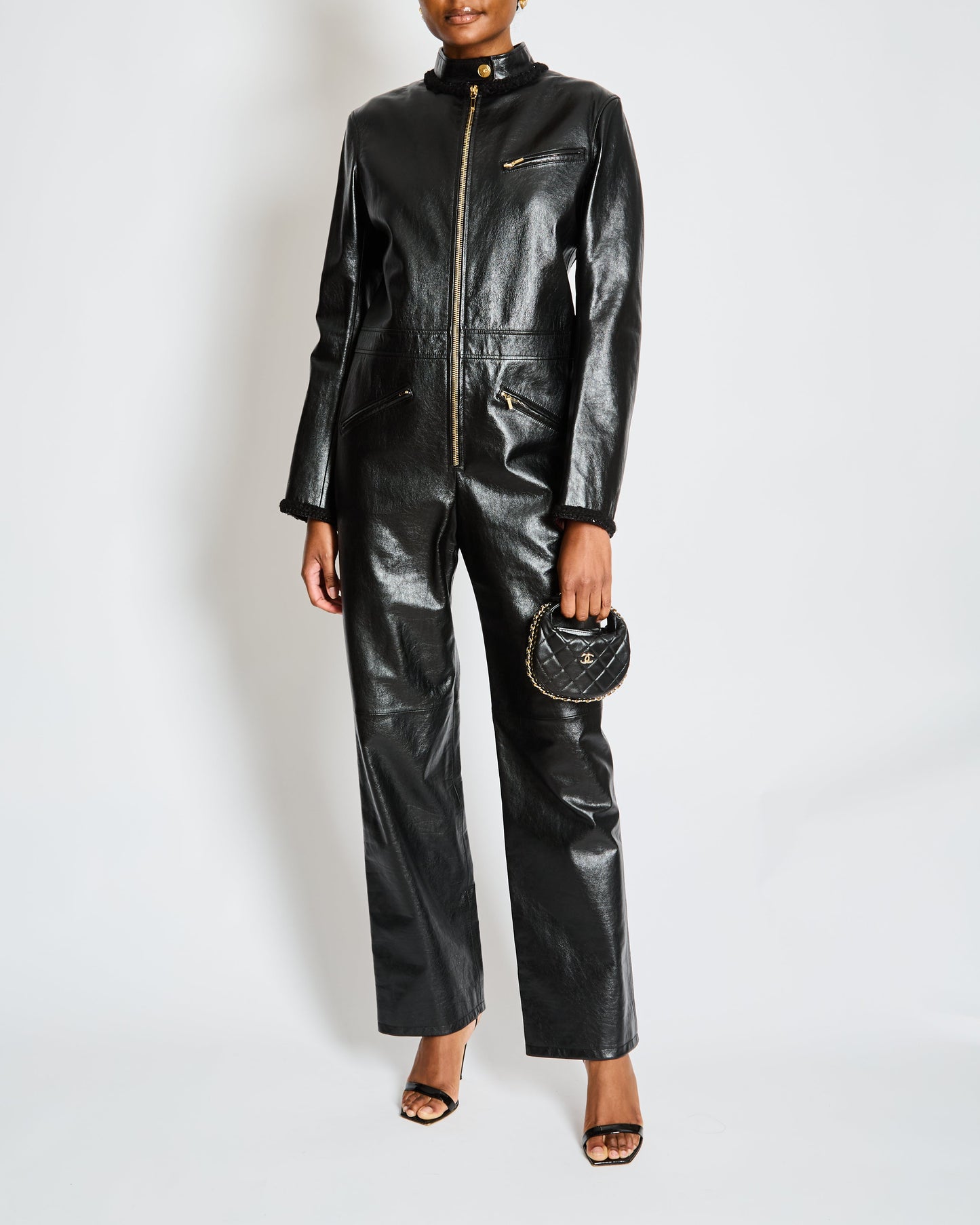 Chanel Pre-Fall 2022  Black Leather Jumpsuit with Gold CC Button and Tweed and Chain Trim Detail Size FR 38 (UK 10)