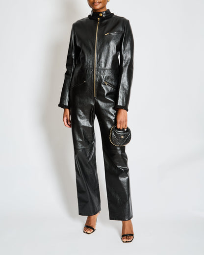 Chanel Pre-Fall 2022  Black Leather Jumpsuit with Gold CC Button and Tweed and Chain Trim Detail Size FR 38 (UK 10)