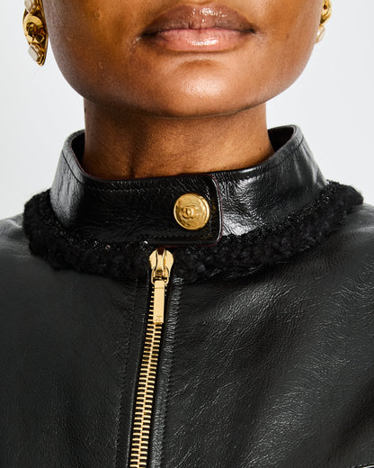 Chanel Pre-Fall 2022  Black Leather Jumpsuit with Gold CC Button and Tweed and Chain Trim Detail Size FR 38 (UK 10)