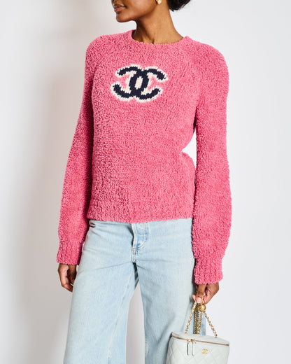 Chanel 19/A Pink Shearling Long Sleeve Sweater Graphic Logo Wool Blend Jumper Size FR 36 (UK 8)