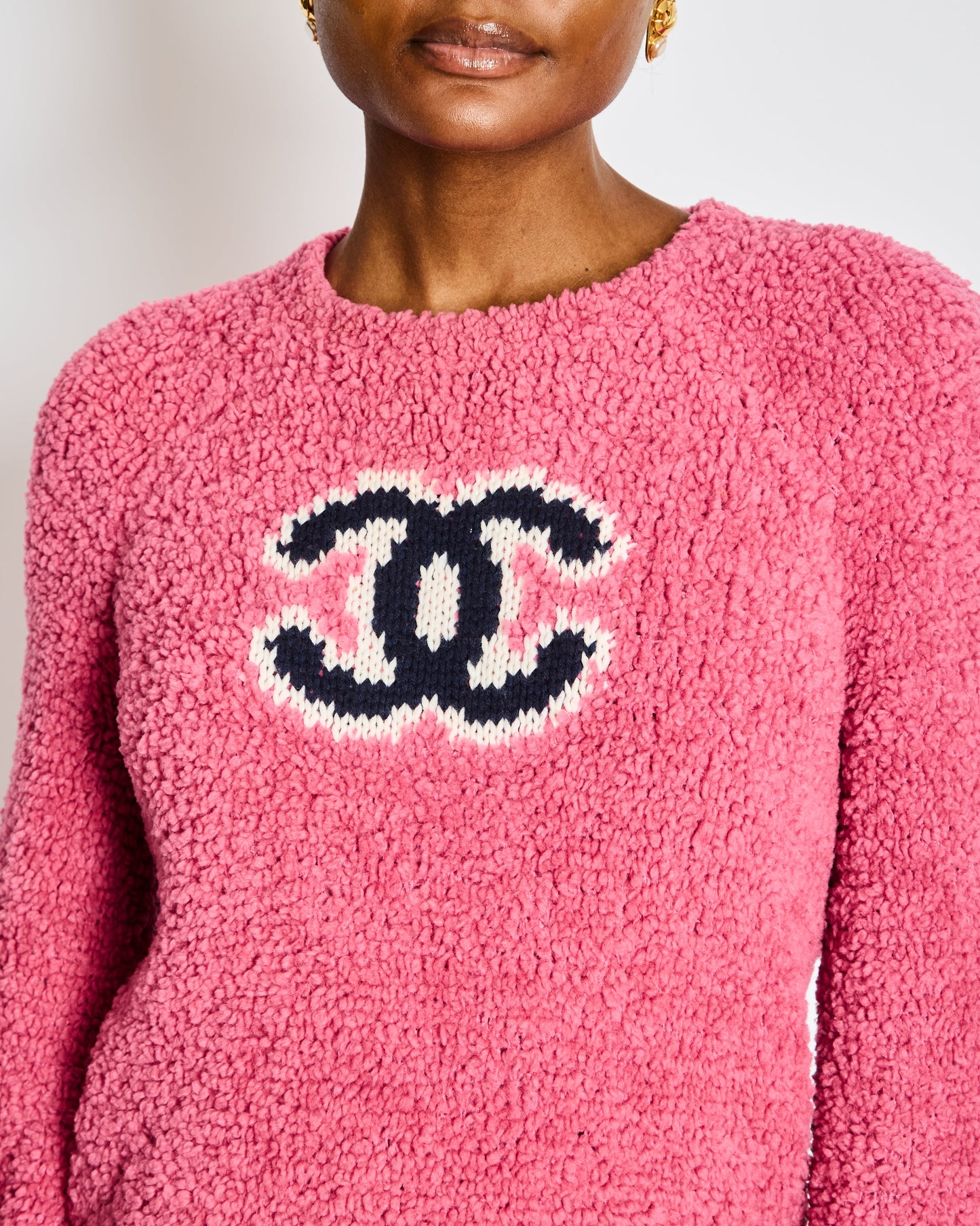 Chanel 19/A Pink Shearling Long Sleeve Sweater Graphic Logo Wool Blend Jumper Size FR 36 (UK 8)