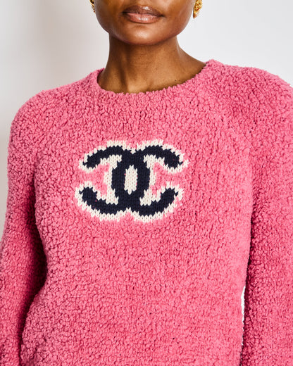 Chanel 19/A Pink Shearling Long Sleeve Sweater Graphic Logo Wool Blend Jumper Size FR 36 (UK 8)