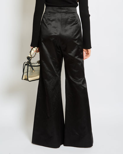 Chanel Black Silk Wide Leg Trousers with Embellished Buttons and Pocket Detail Size FR 44 (UK 14)