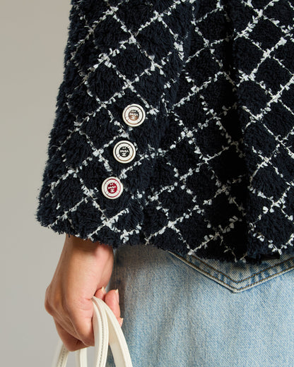 Chanel 19/C Cruise Collection Tweed Jacket in Navy and White with Mirrored Buttons Size FR 34 (UK 6)