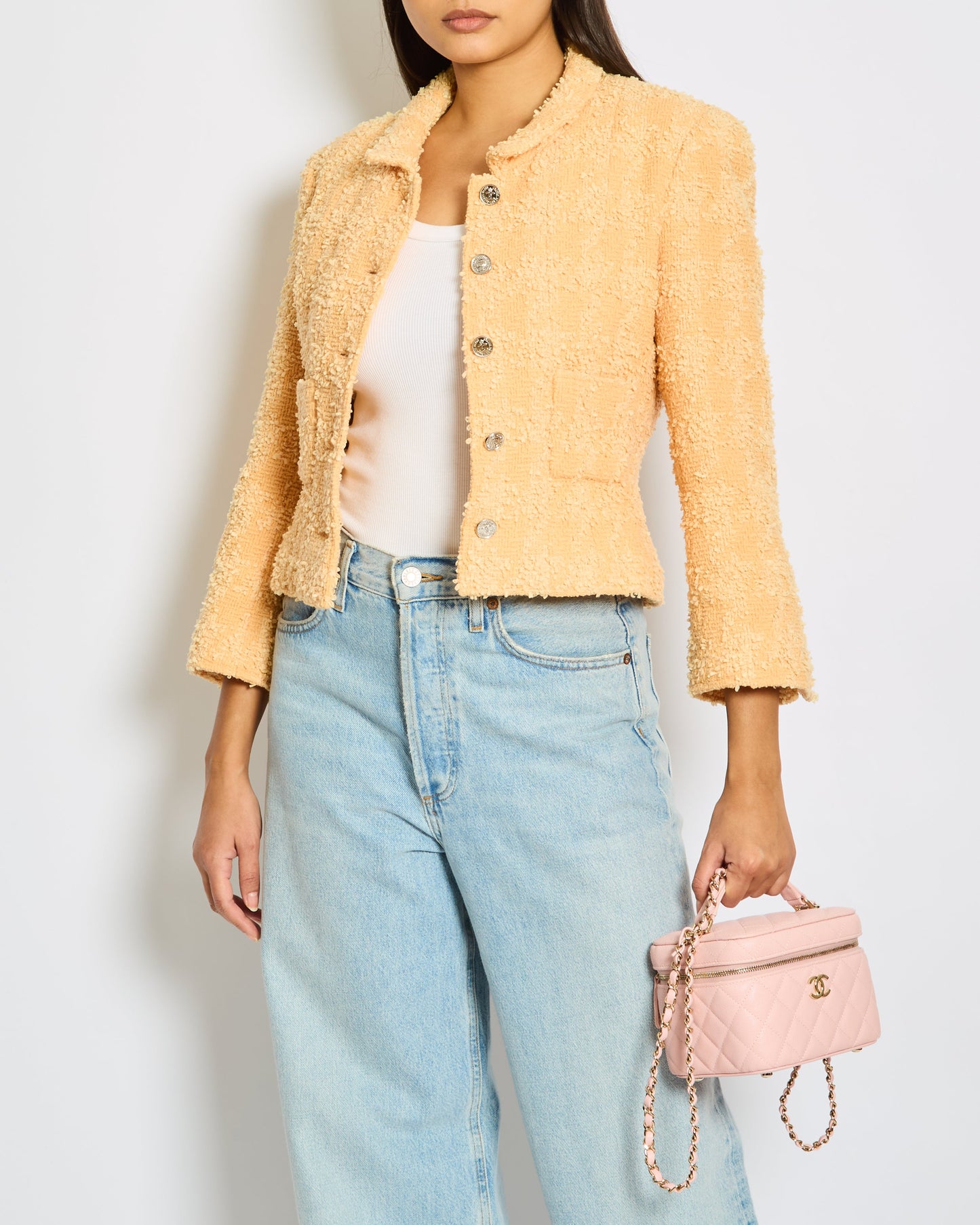 Chanel 96/C Peach Tweed Jacket with Silver Buttons Size FR 38 (UK 10)