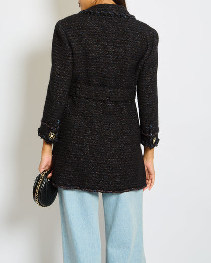 Chanel 07/A Navy Tweed Belted Jacket with Pocket Detail Size FR 38 (UK 10)