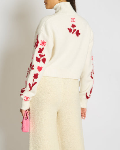 Chanel 24N Cream and Red Coco Neige Floral Cashmere Knitted Jumper Size FR 38 (UK 10)