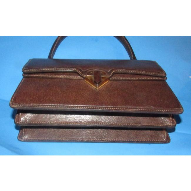 Gucci Brown Boar Skin Leather Satchel With Contrast Stitching And Gold Accents