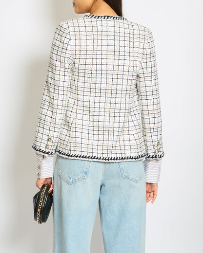 Chanel 24/C White, Black, Gold Check Tweed Jacket with Silver Black Trim Detail CC Button Size FR 36 (UK 8)