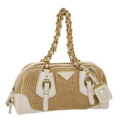 PRADA Chain Hand Bag Straw Leather White Auth 47376