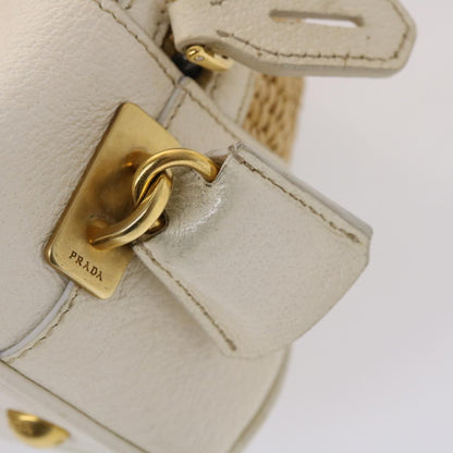 PRADA Chain Hand Bag Straw Leather White Auth 47376