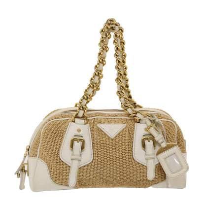 PRADA Chain Hand Bag Straw Leather White Auth 47376