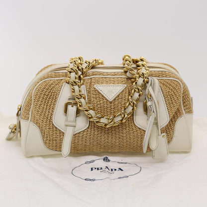 PRADA Chain Hand Bag Straw Leather White Auth 47376