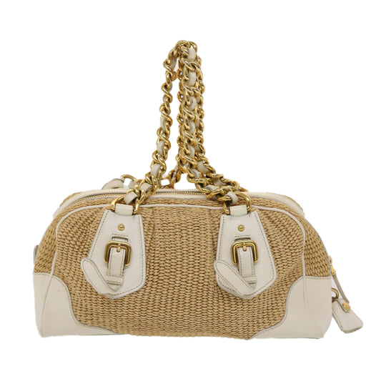 PRADA Chain Hand Bag Straw Leather White Auth 47376