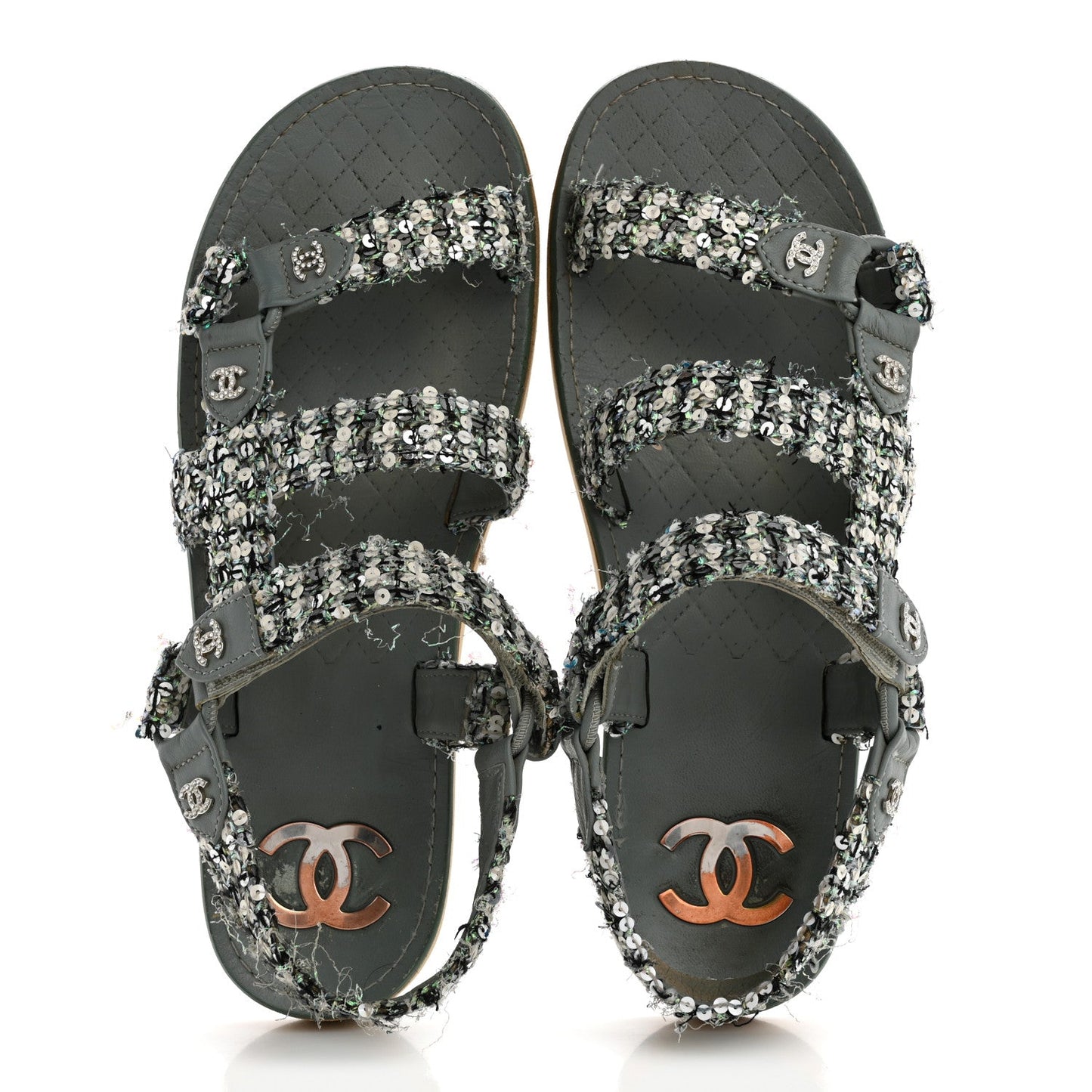 Tweed Sequin Crystal CC Sandals 40 Blue Multicolor