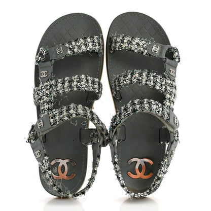Tweed Sequin Crystal CC Sandals 40 Blue Multicolor