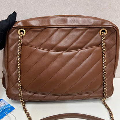 Chanel Brown Diagonal Quilted Leather CC Covered Signature Flap Bag Chanel
