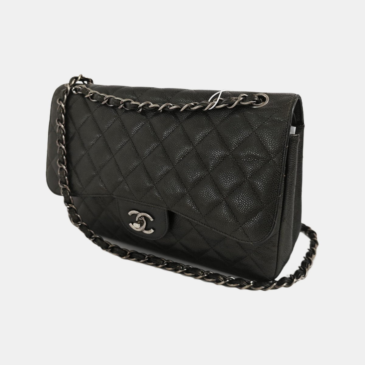 Chanel Classic Flap Jumbo Dark Green Caviar Leather Double Flap Silver Hardware
