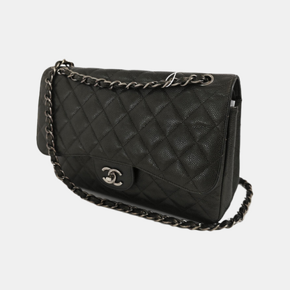 Chanel Classic Flap Jumbo Dark Green Caviar Leather Double Flap Silver Hardware