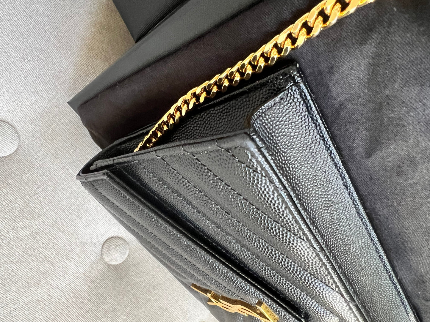 Yves Saint Laurent (YSL) Black Cassandra Envelope Chain Wallet