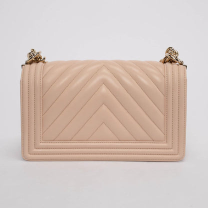 Chanel Beige Chevron Lambskin Old Medium Boy Bag