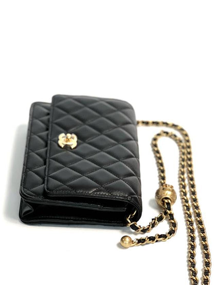 Wallet On Chain Crossbody Bag Lambskin Gold Black Chanel