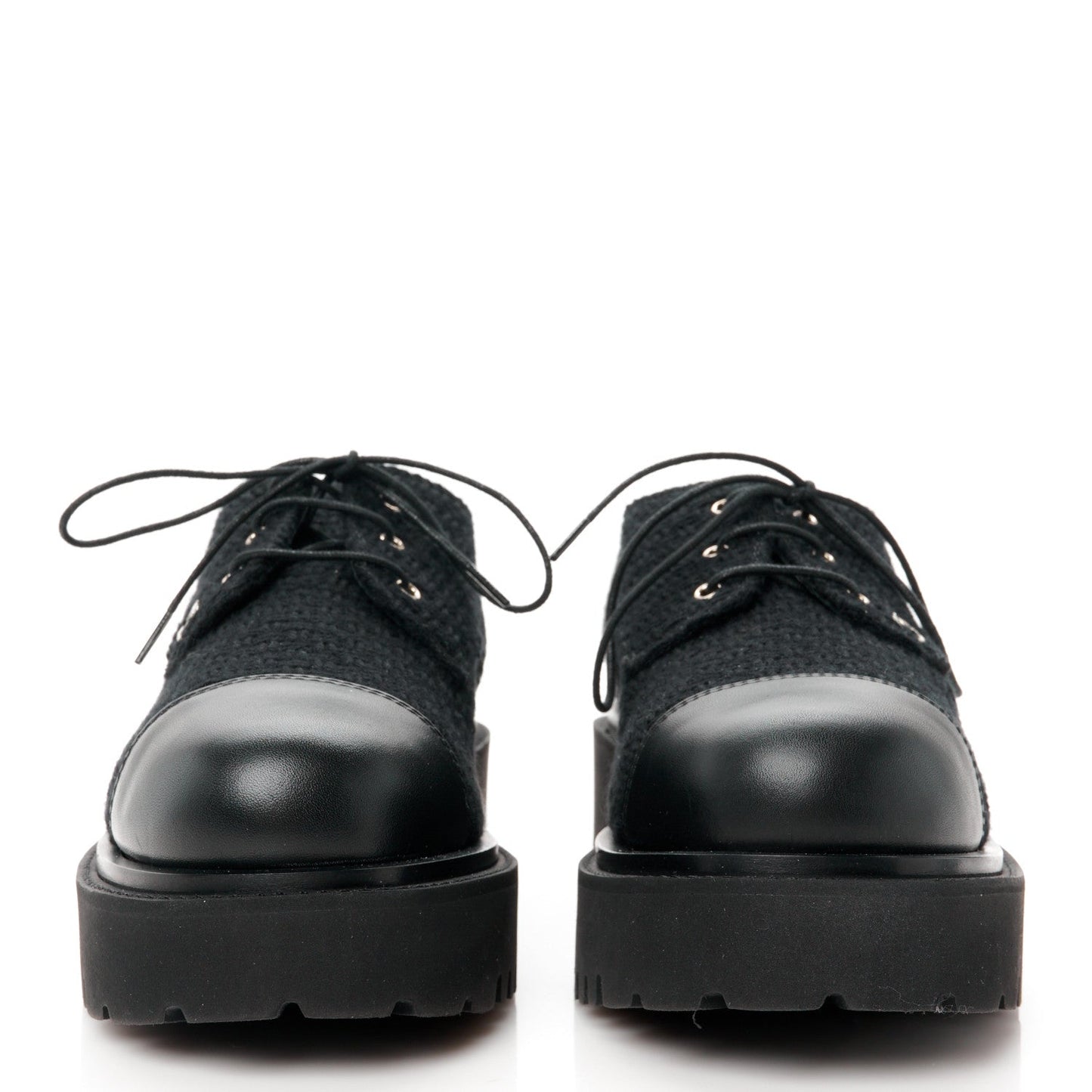 Wool Tweed Calfskin Lace-Up Loafers 38.5 Black