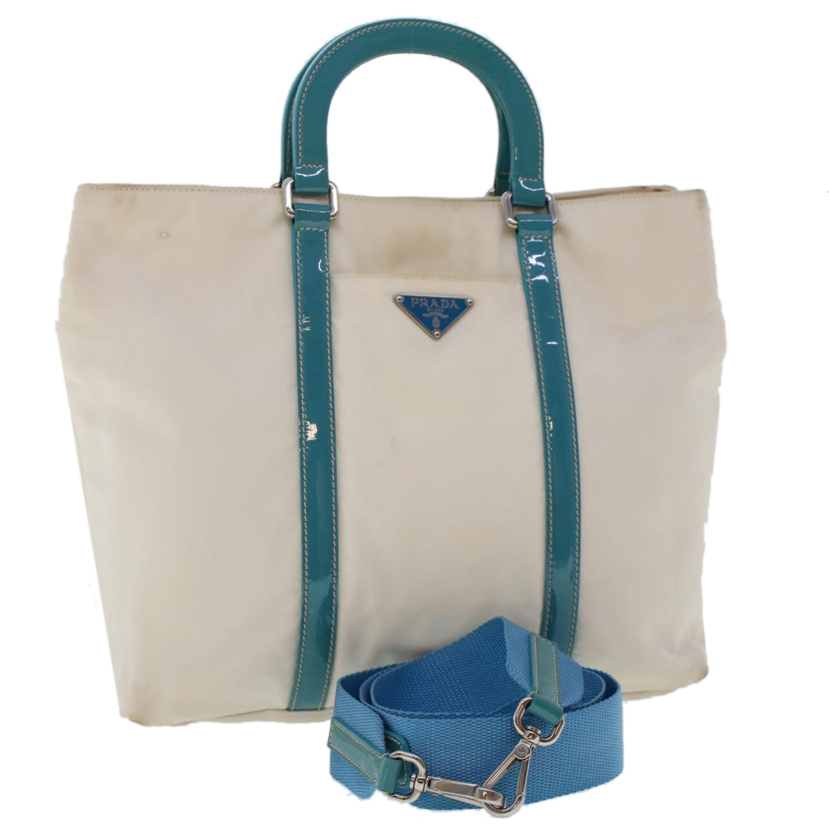 Prada Hand Bag Nylon 2way White Turquoise Blue  48007