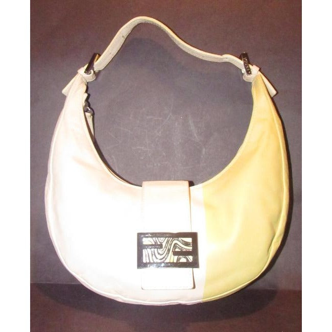 Fendi Pink & Yellow Leather Ltd Ed Color Block Baguette Hobo Bag w Enamel & Chrome Accents