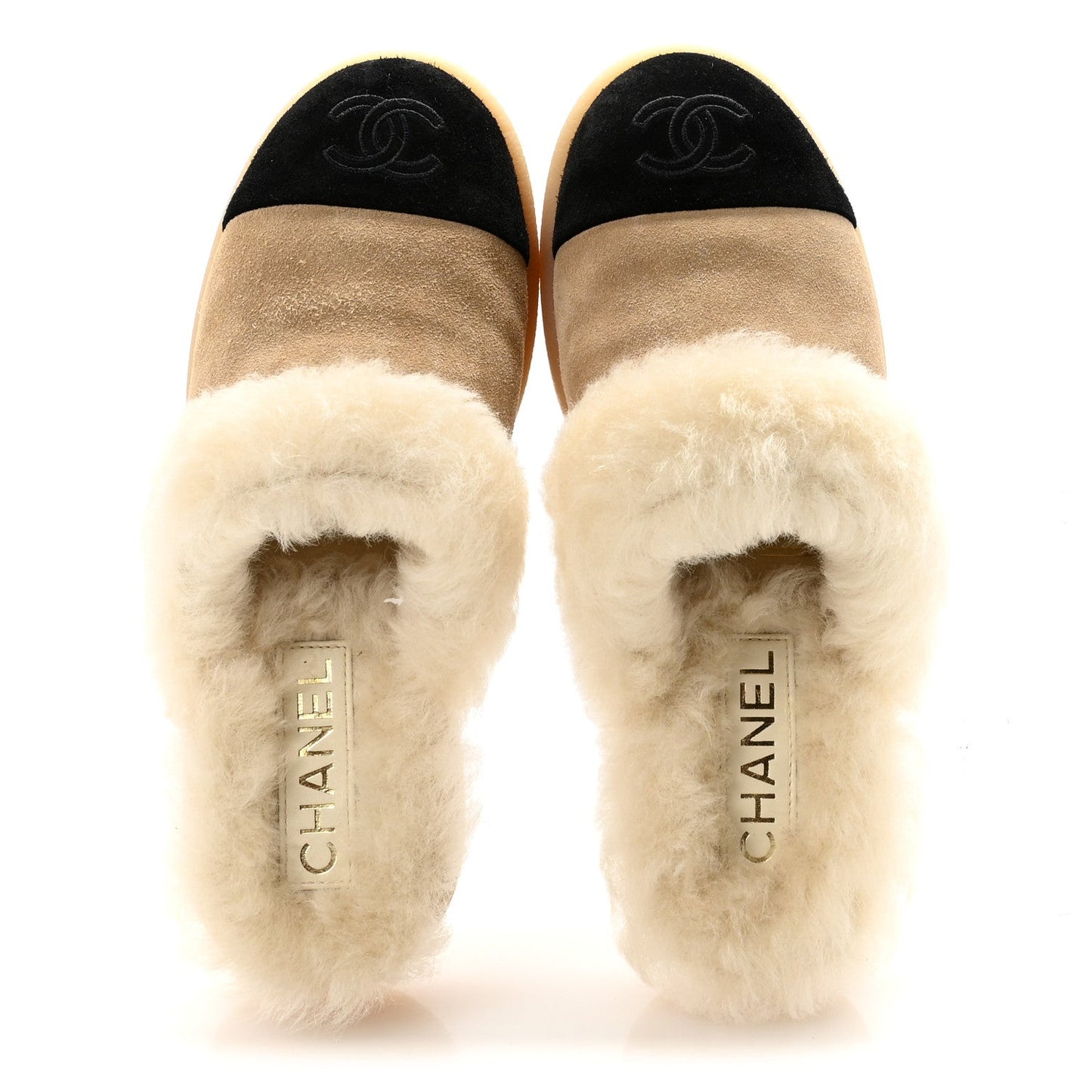 Suede Shearling CC Cap Toe Mules 36 Beige Black