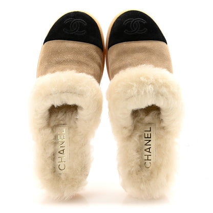 Suede Shearling CC Cap Toe Mules 36 Beige Black