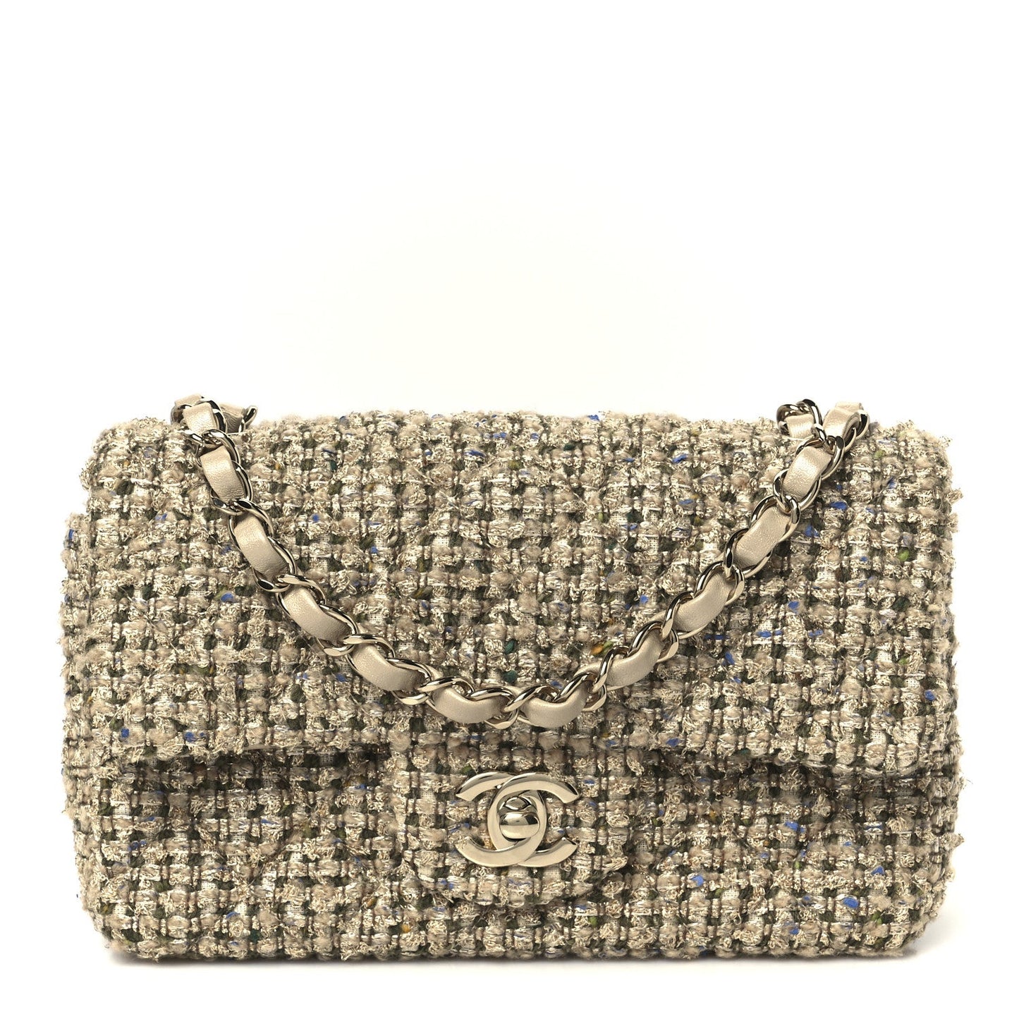 Tweed Quilted Mini Rectangular Flap Beige