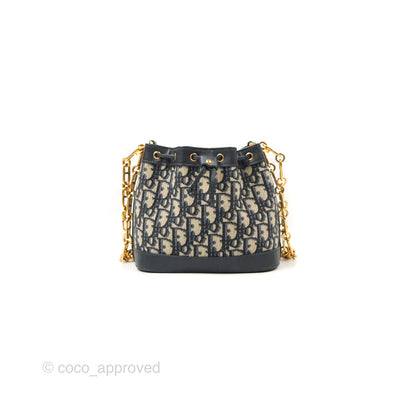 Dior Drawstring Chain Bucket Bag Navy Oblique Canvas