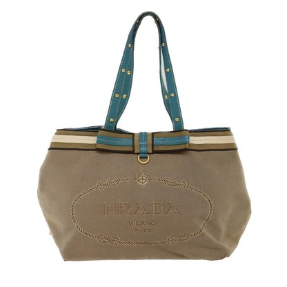 Prada Tote Bag Canvas Leather Beige Light Blue  49046