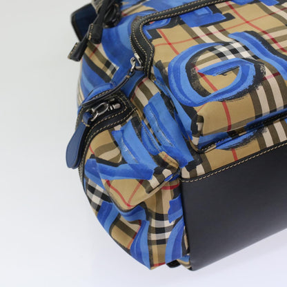 Burberry Nova Check Graffiti Backpack Canvas Leather Beige Blue Auth 49119A