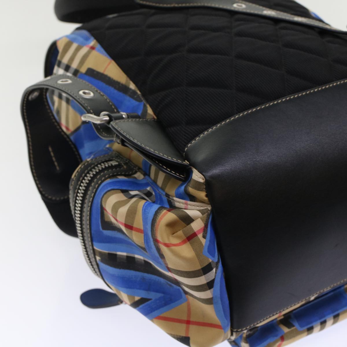 Burberry Nova Check Graffiti Backpack Canvas Leather Beige Blue Auth 49119A