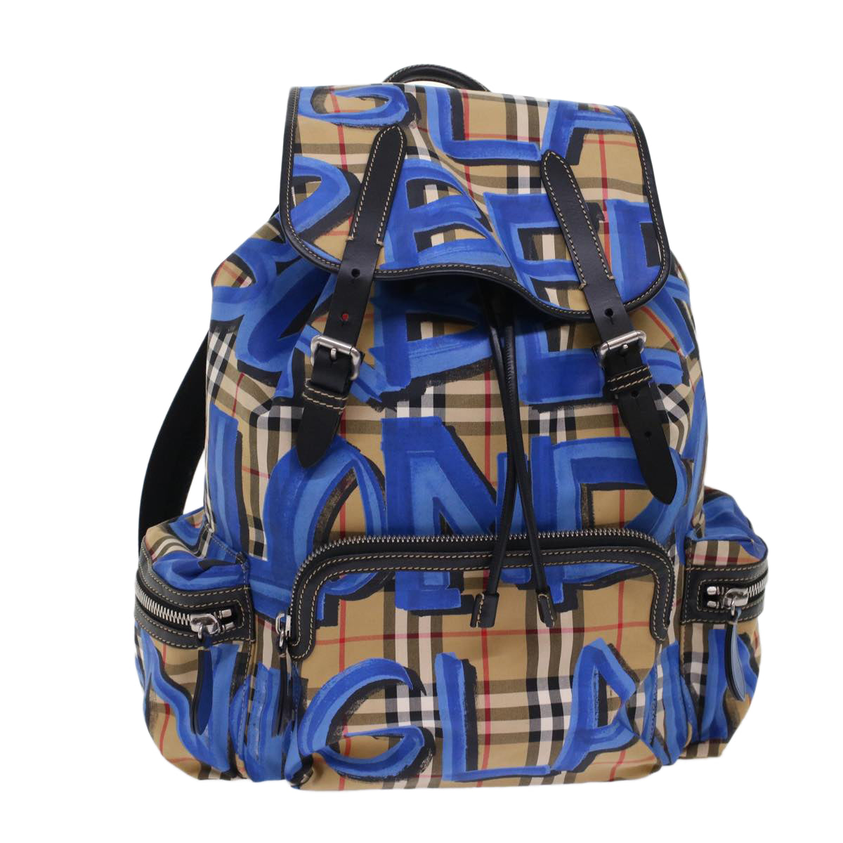 Burberry Nova Check Graffiti Backpack Canvas Leather Beige Blue Auth 49119A