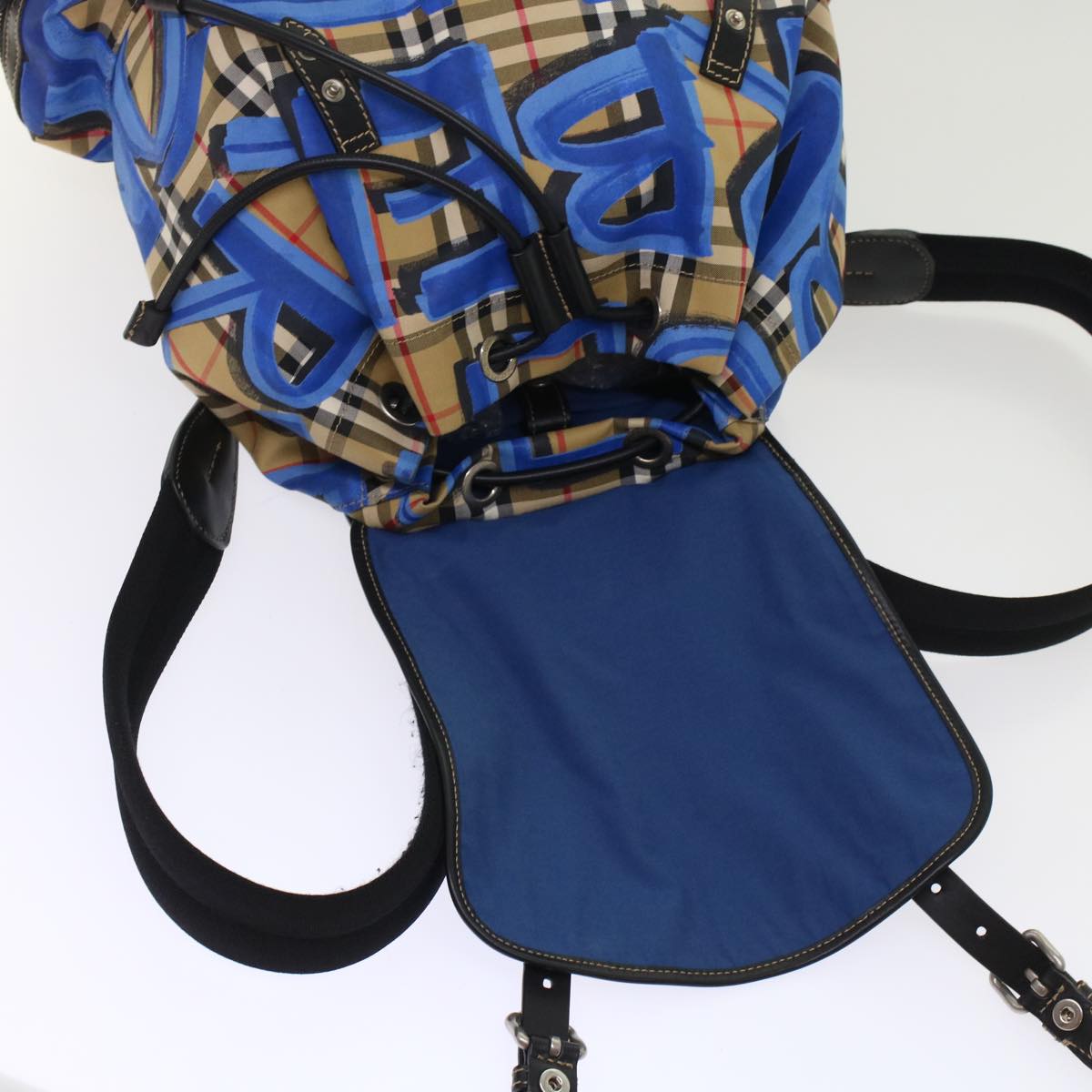 Burberry Nova Check Graffiti Backpack Canvas Leather Beige Blue Auth 49119A
