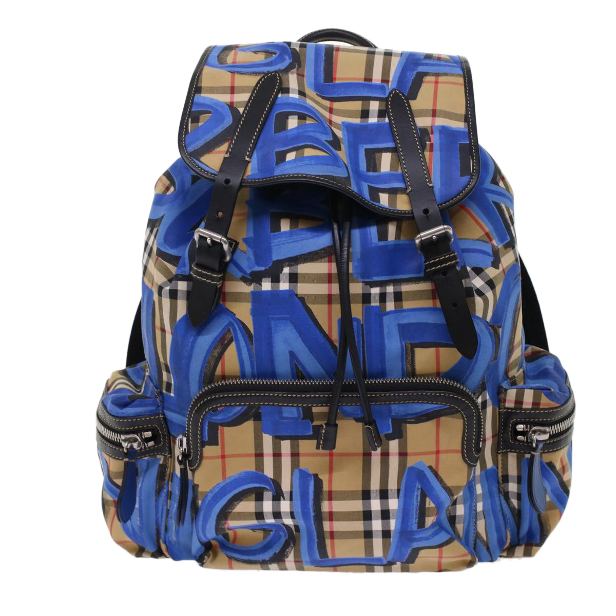 Burberry Nova Check Graffiti Backpack Canvas Leather Beige Blue Auth 49119A