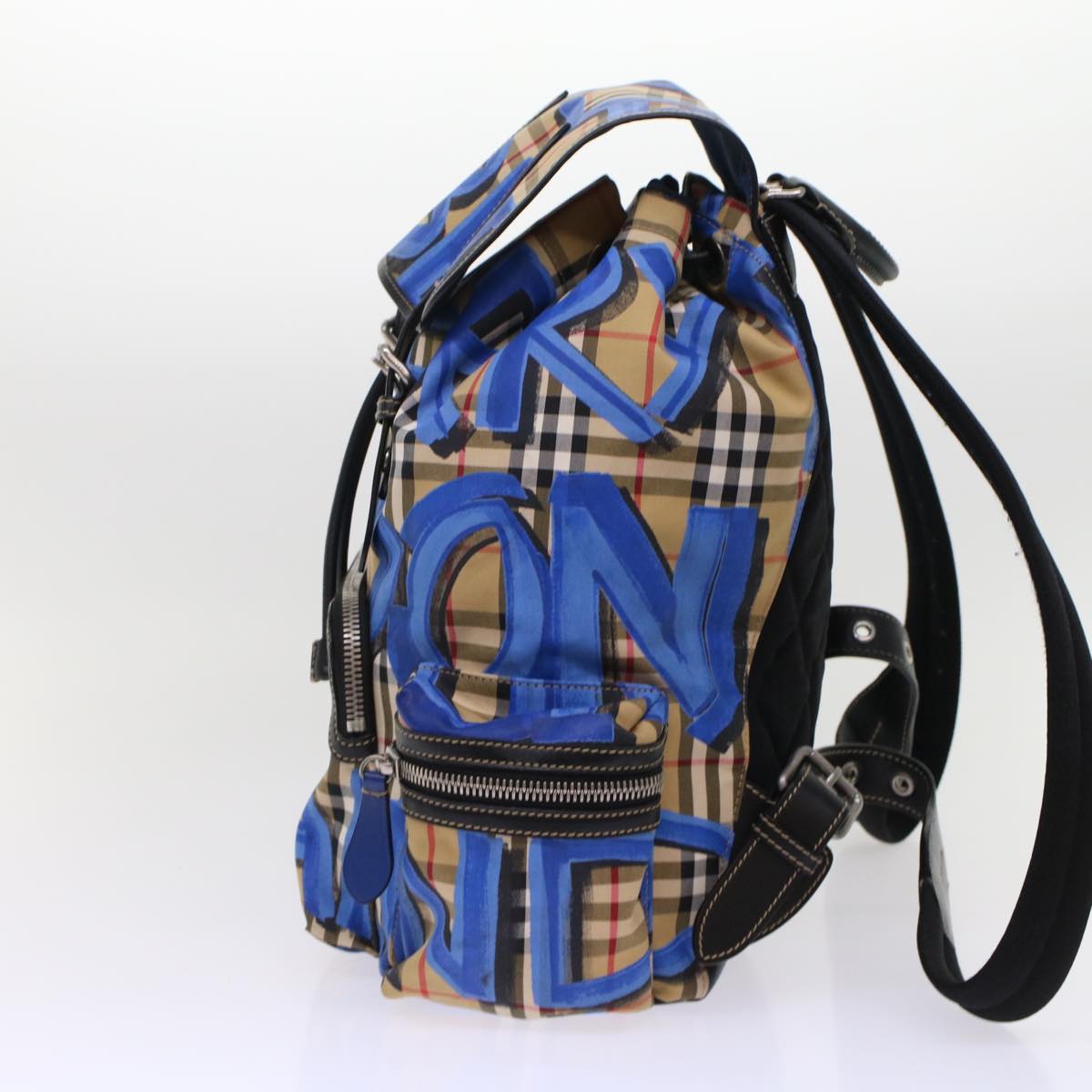 Burberry Nova Check Graffiti Backpack Canvas Leather Beige Blue Auth 49119A