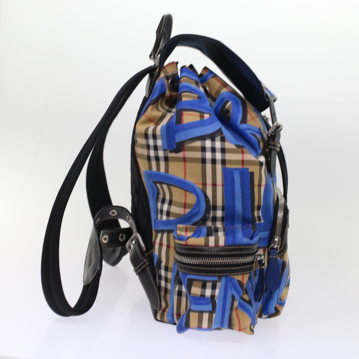 Burberry Nova Check Graffiti Backpack Canvas Leather Beige Blue Auth 49119A