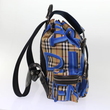 Burberry Nova Check Graffiti Backpack Canvas Leather Beige Blue Auth 49119A