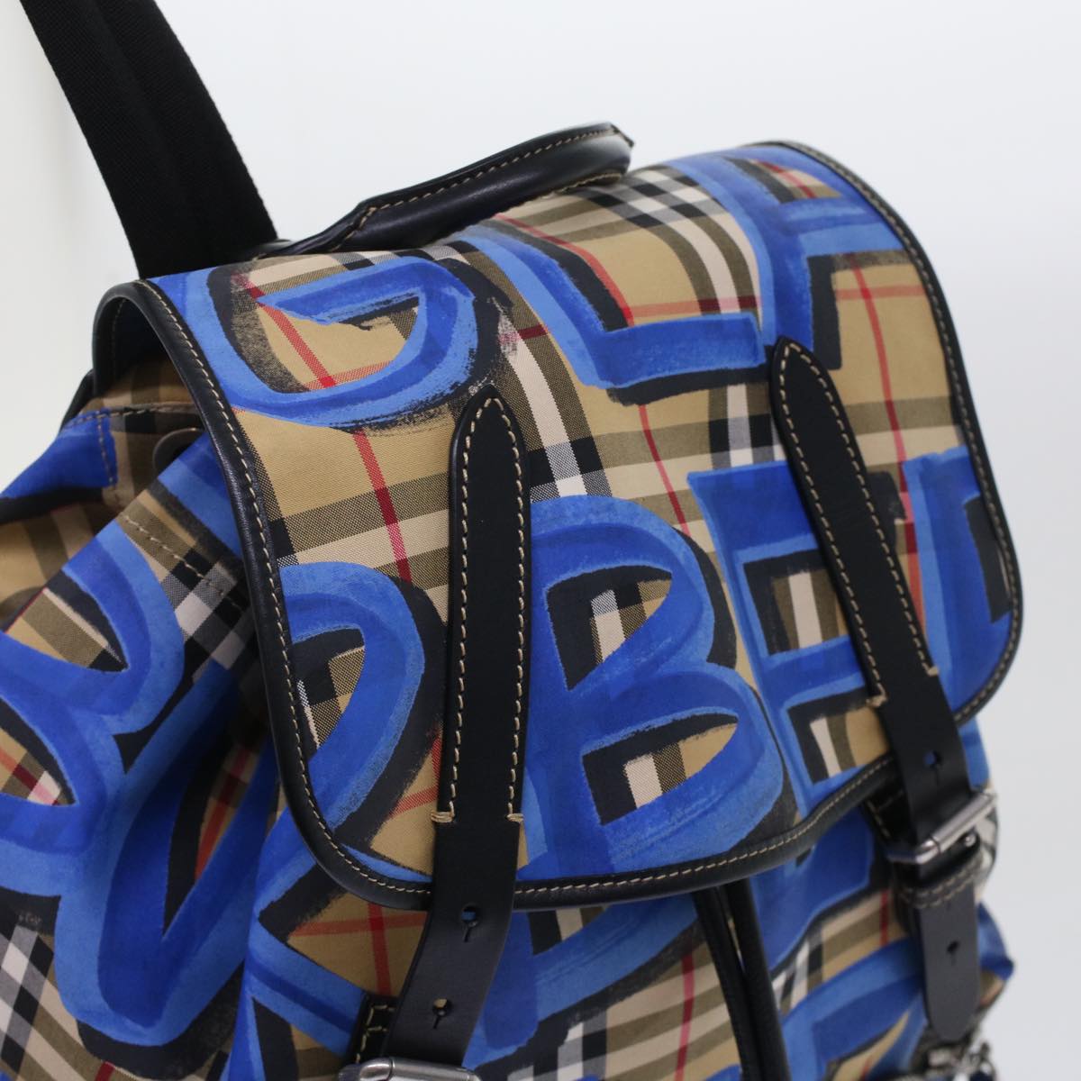 Burberry Nova Check Graffiti Backpack Canvas Leather Beige Blue Auth 49119A