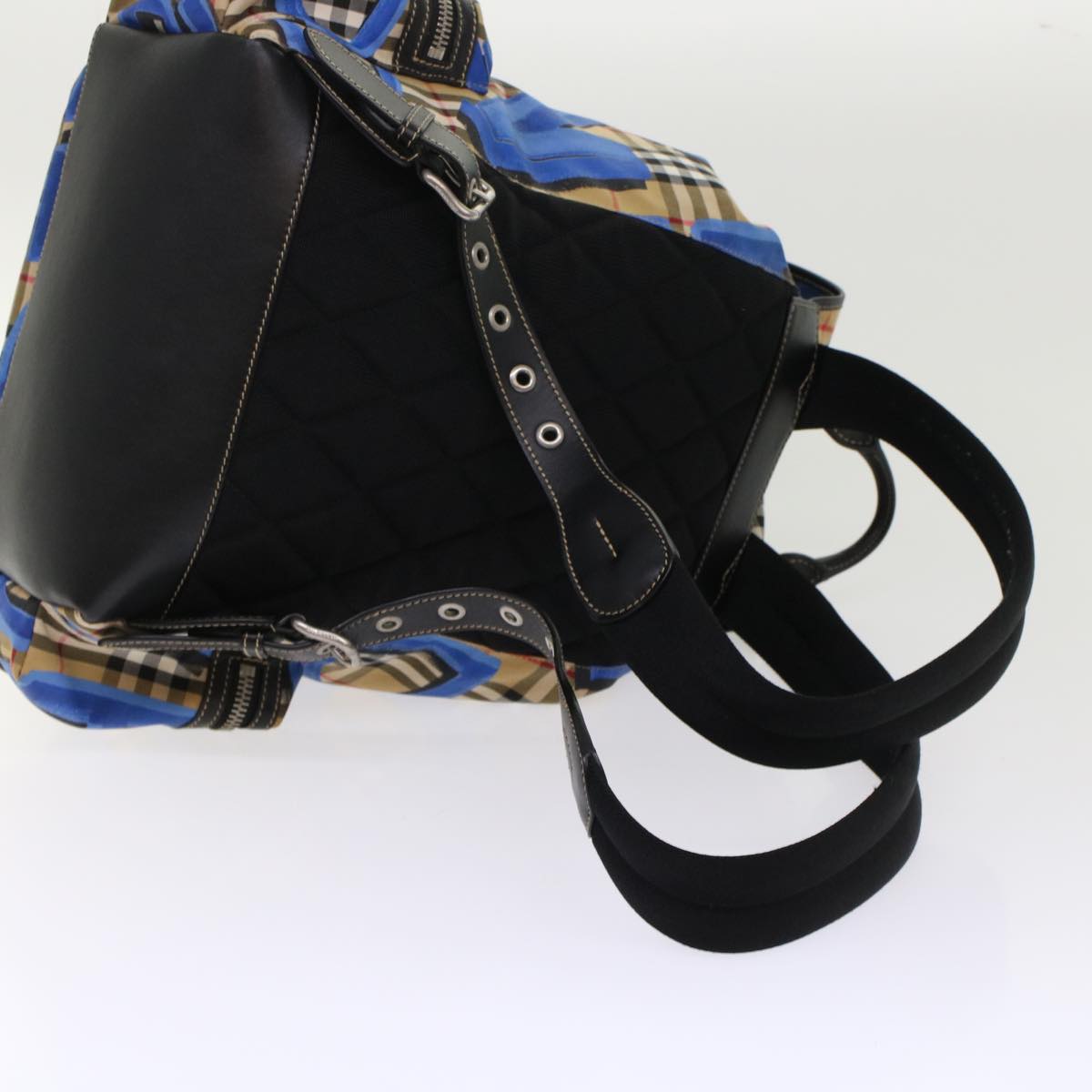 Burberry Nova Check Graffiti Backpack Canvas Leather Beige Blue Auth 49119A