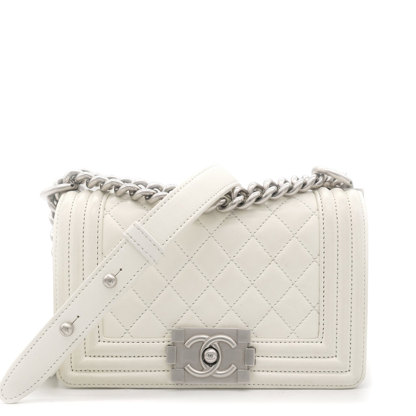 Calfskin Quilted Small Boy Flap White